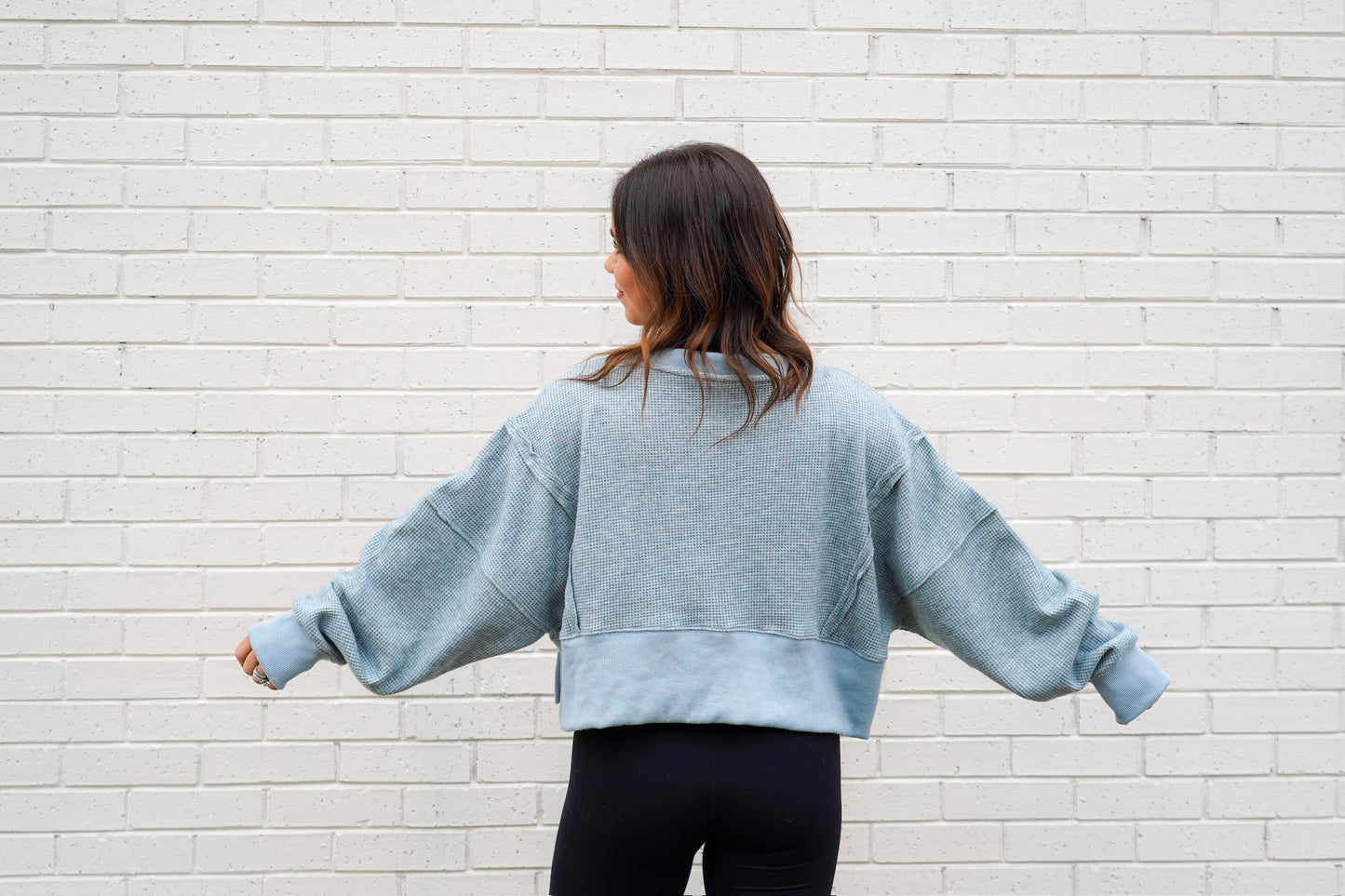 Aqua Waffle Knit Oversized Crop Top