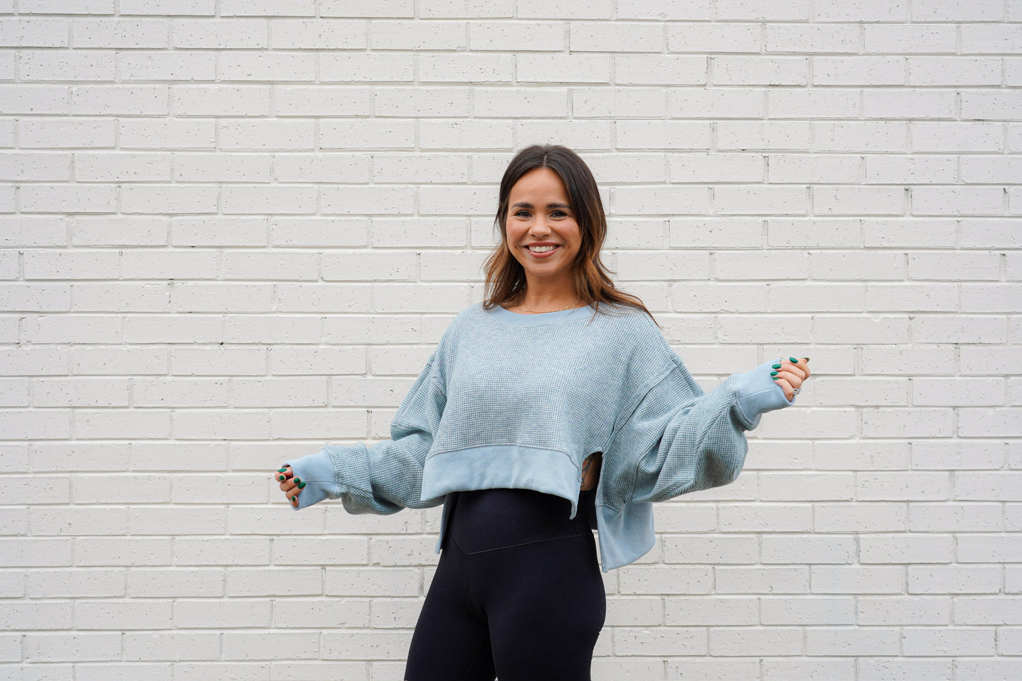 Aqua Waffle Knit Oversized Crop Top