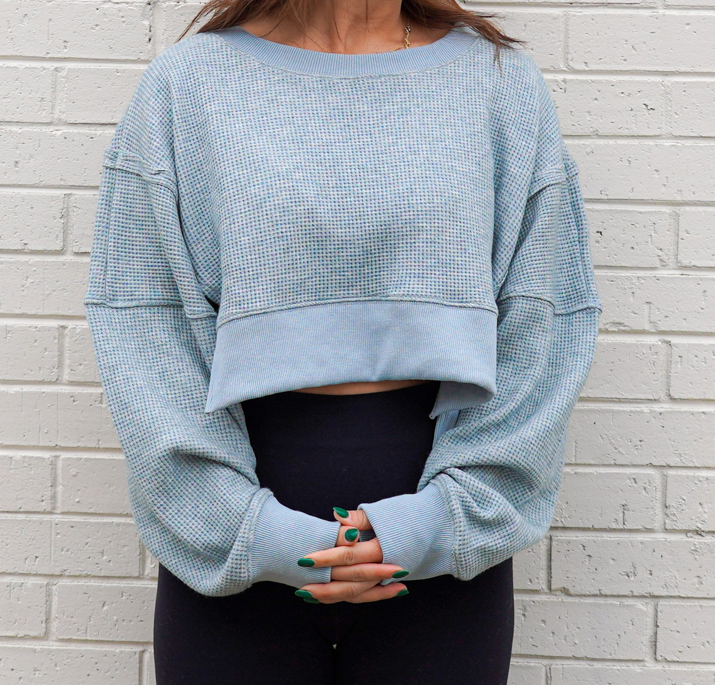 Aqua Waffle Knit Oversized Crop Top