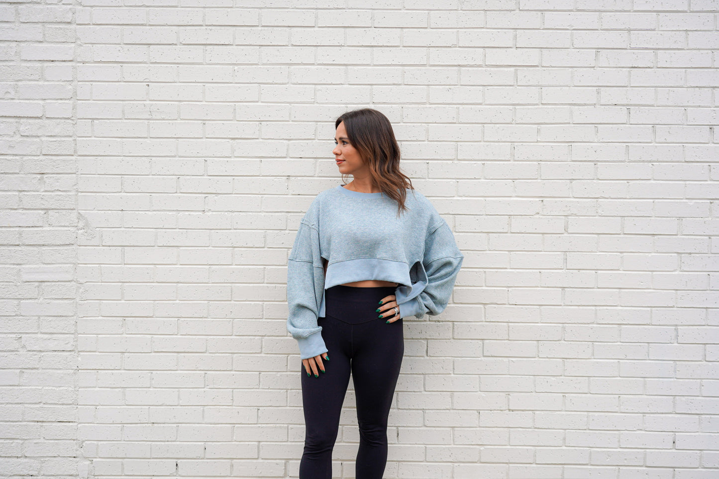Aqua Waffle Knit Oversized Crop Top