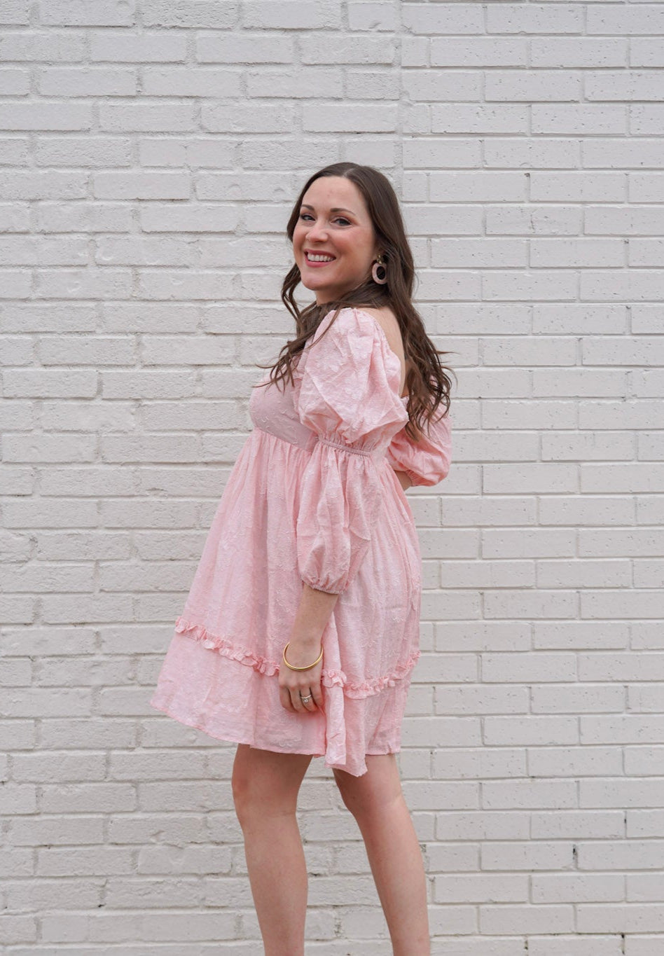 Flower-Textured Tiered Pillowy Sleeve Dress