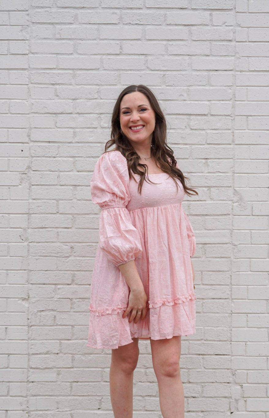 Flower-Textured Tiered Pillowy Sleeve Dress