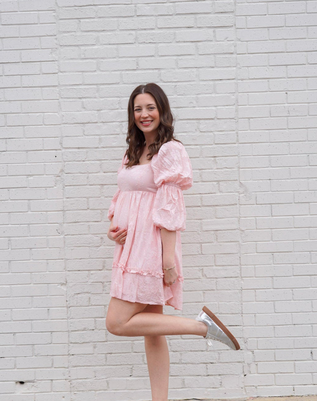 Flower-Textured Tiered Pillowy Sleeve Dress