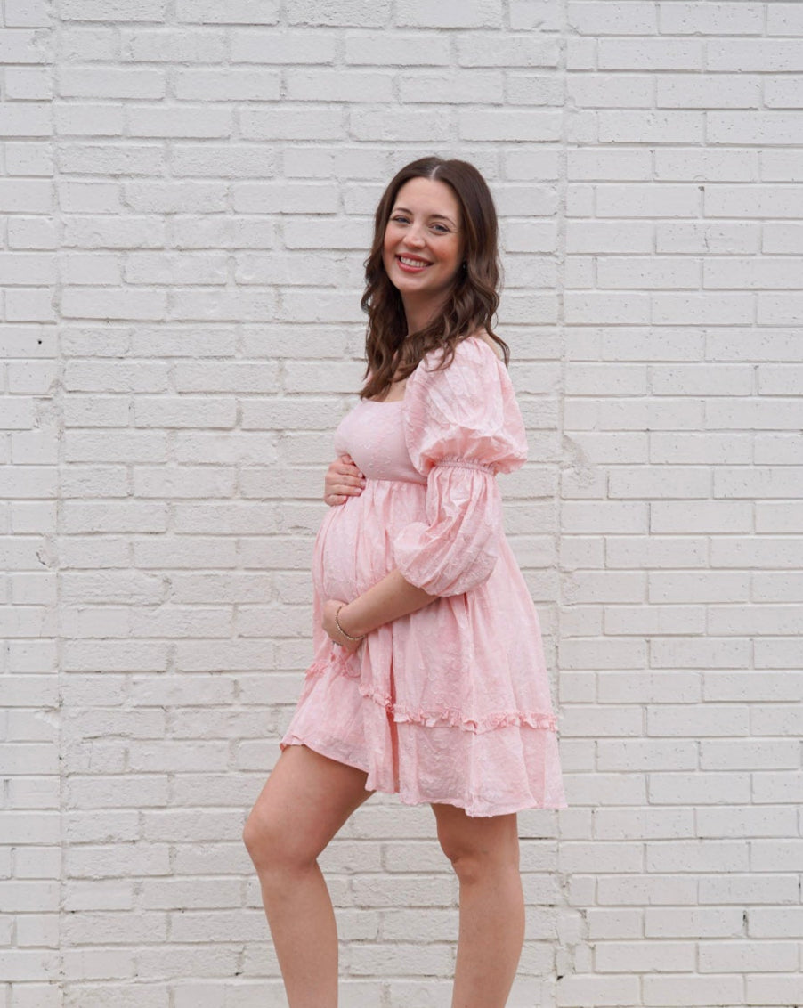 Flower-Textured Tiered Pillowy Sleeve Dress