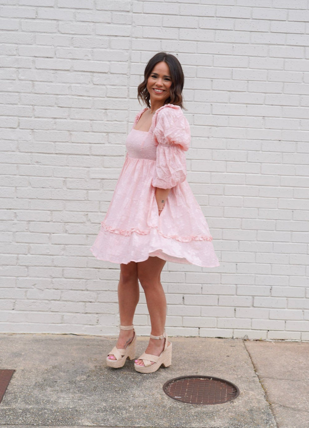 Flower-Textured Tiered Pillowy Sleeve Dress