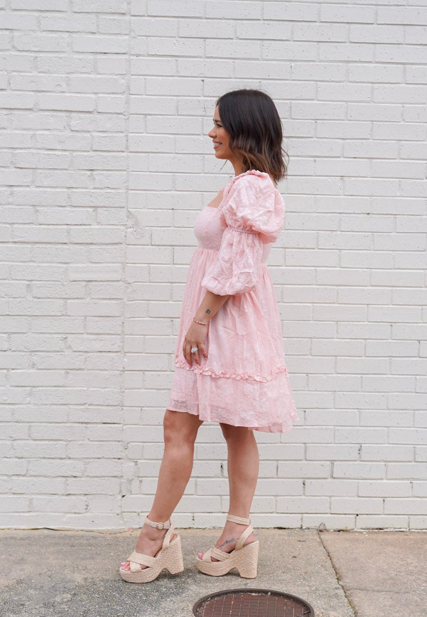 Flower-Textured Tiered Pillowy Sleeve Dress