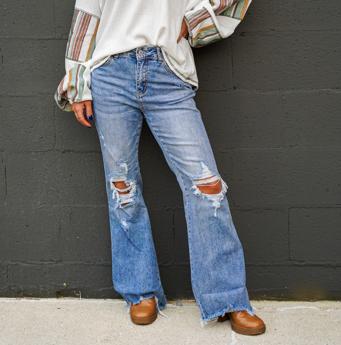 High-Rise Distressed Ripped Flared Jeans
