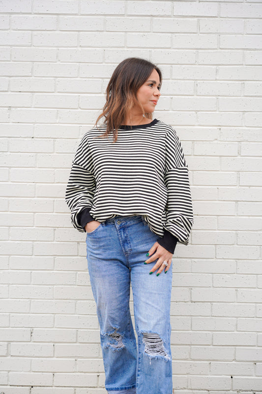 Black Timeless Striped Crew Neck Top – Casual & Versatile Everyday Wear