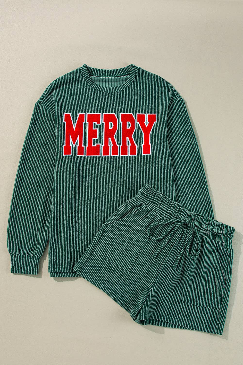 Green "MERRY" Graphic Long Sleeve Top & Shorts Set – Cozy Everyday and PJ Wear
