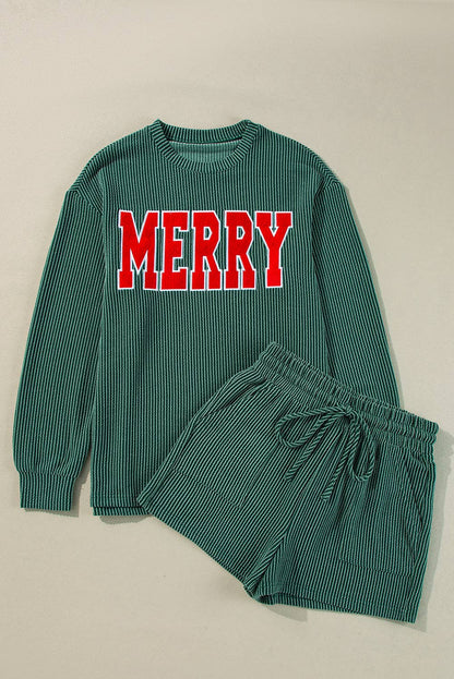 Green "MERRY" Graphic Long Sleeve Top & Shorts Set – Cozy Everyday and PJ Wear