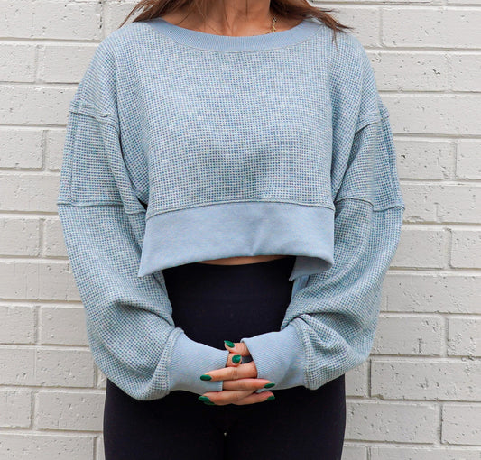 Aqua Waffle Knit Oversized Crop Top