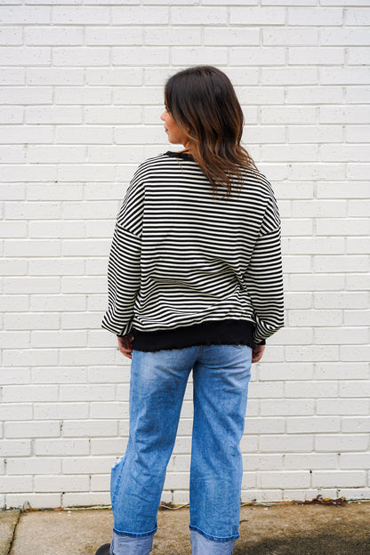 Black Timeless Striped Crew Neck Top – Casual & Versatile Everyday Wear