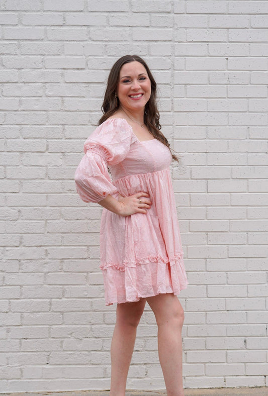 Flower-Textured Tiered Pillowy Sleeve Dress