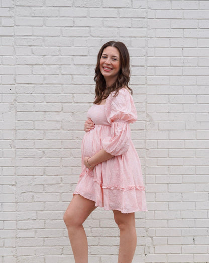 Flower-Textured Tiered Pillowy Sleeve Dress