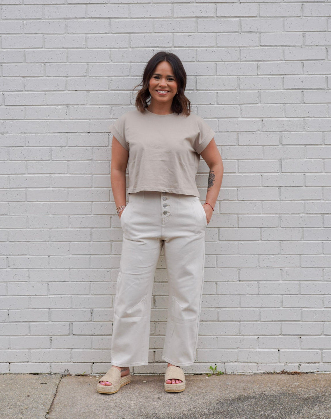 Round Neck Cuffed Sleeve Top