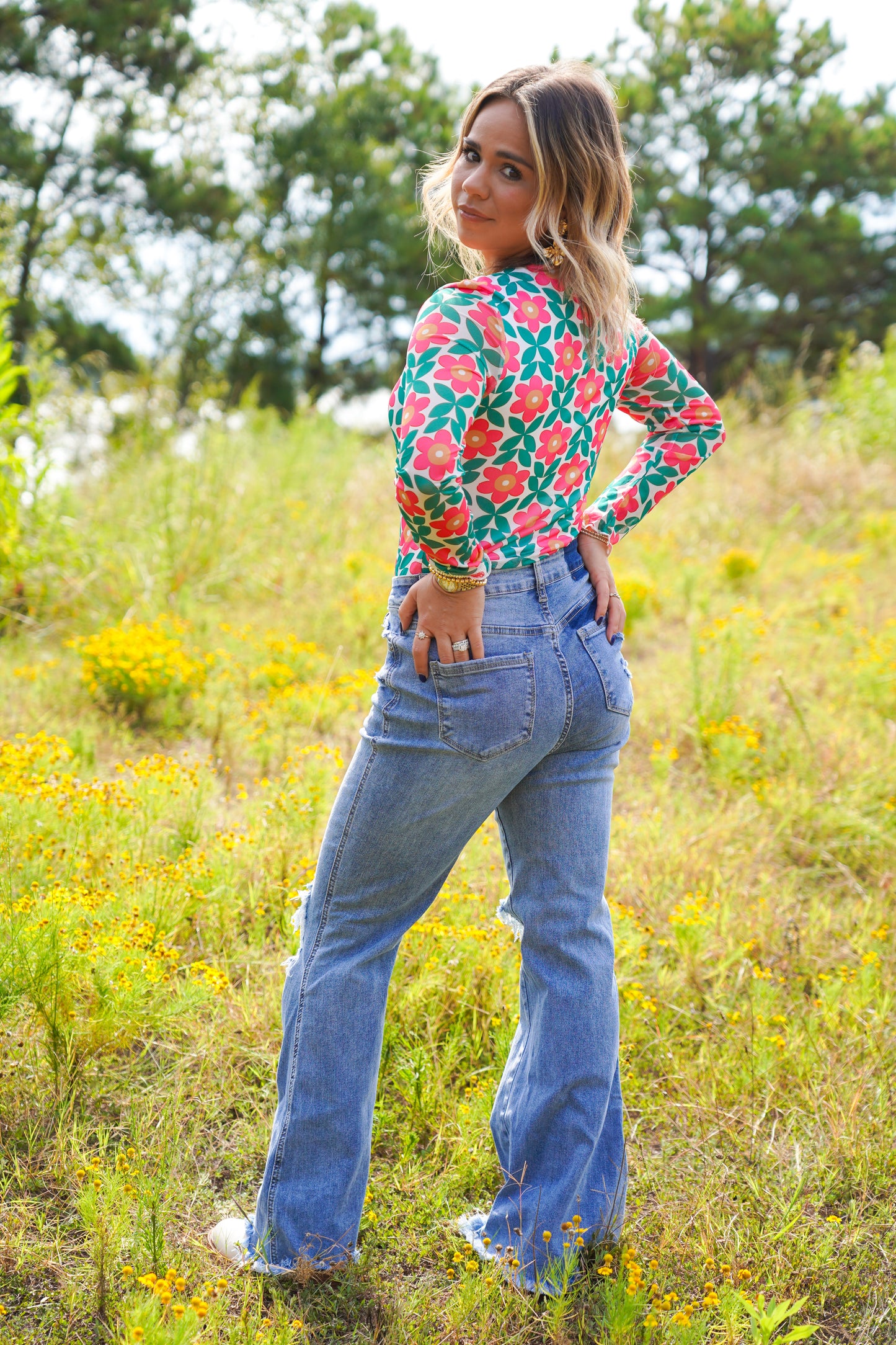 High-Rise Distressed Ripped Flared Jeans