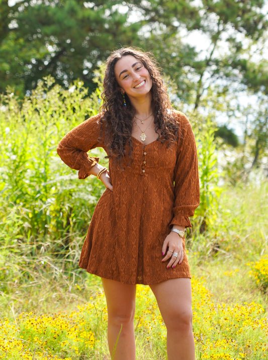 Chestnut Lace Buttoned Square neck Mini Dress