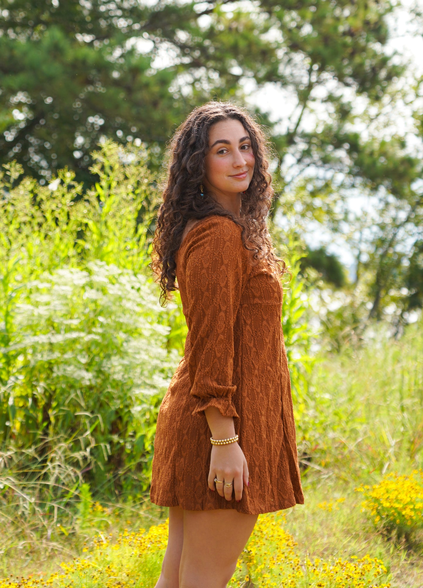 Chestnut Lace Buttoned Square neck Mini Dress
