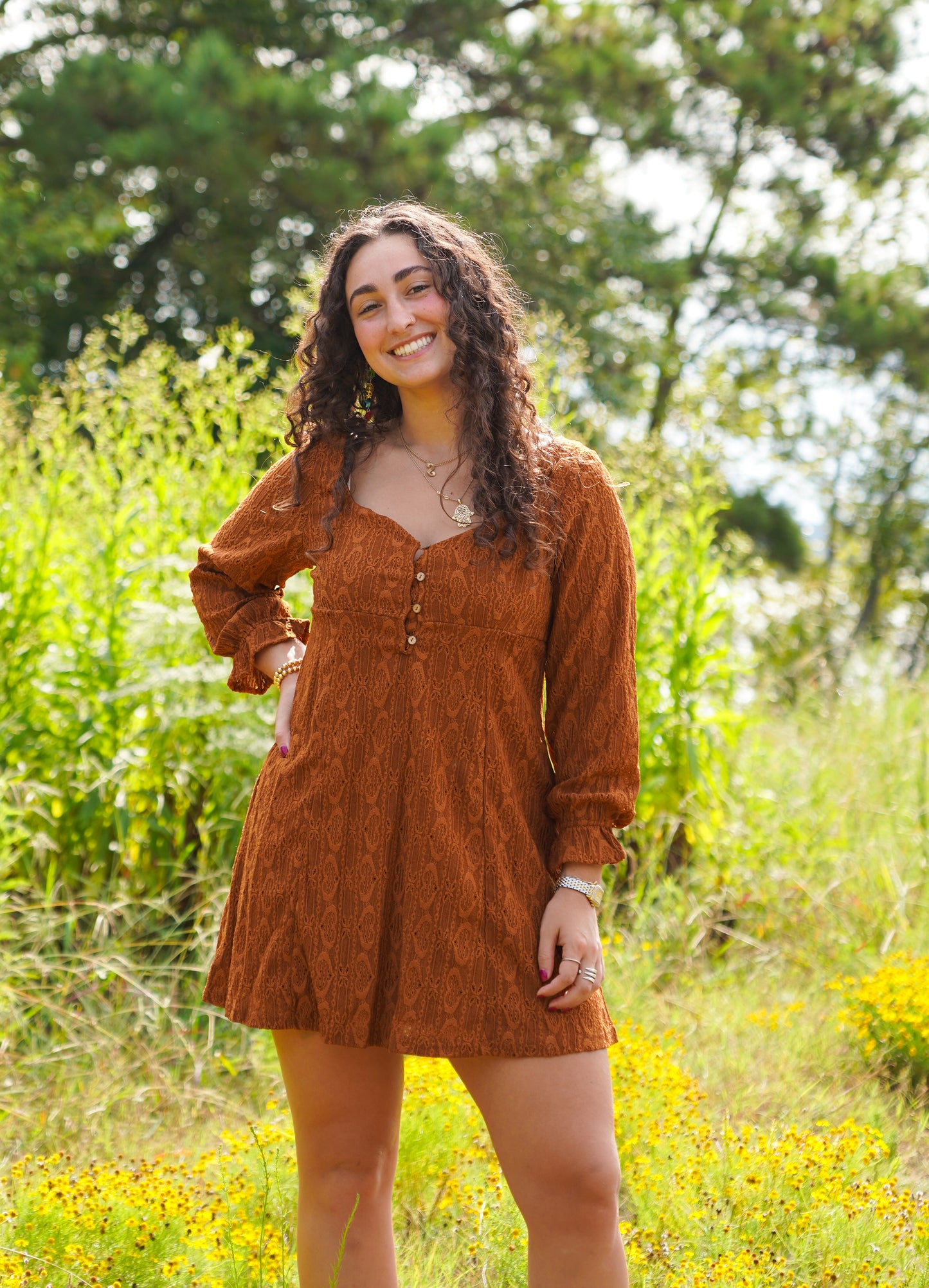 Chestnut Lace Buttoned Square neck Mini Dress