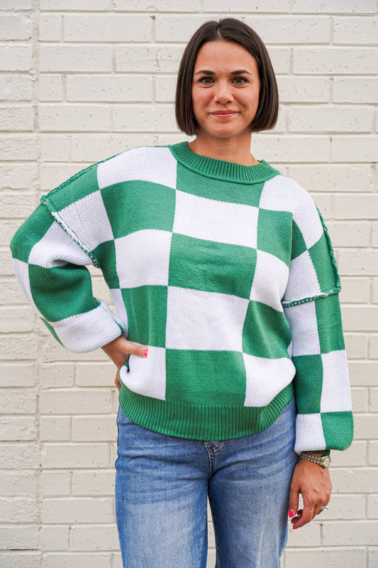 Green & White Checkered Sweater