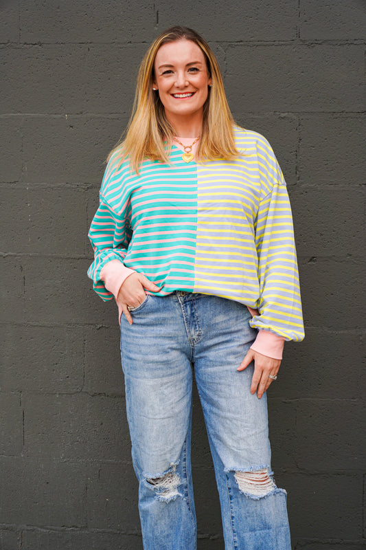 Colorblock Striped Oversized Sweatshirt