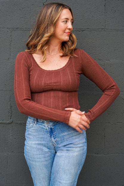 Coffee Rib Knit U Neck Long Sleeve Top