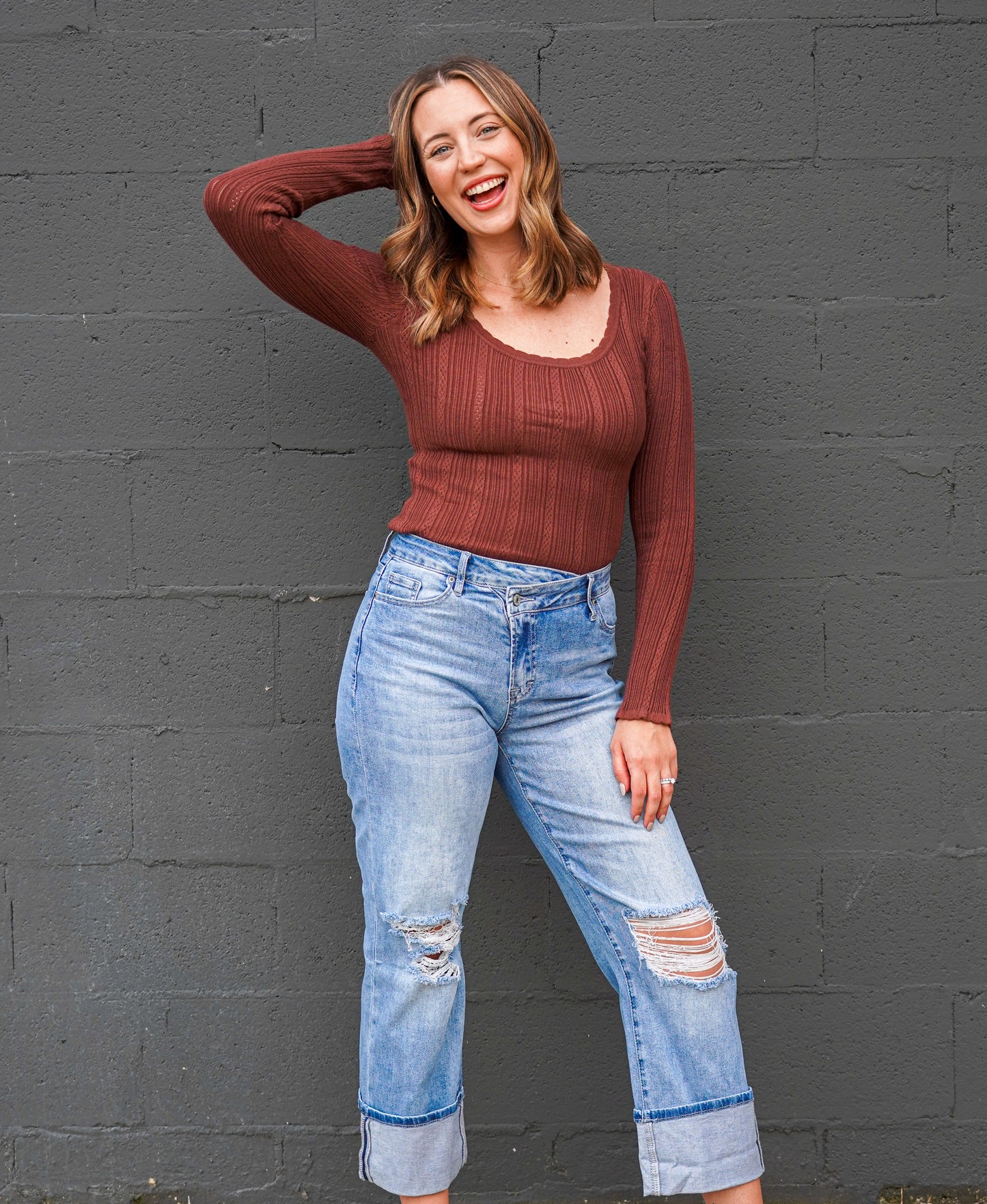 Coffee Rib Knit U Neck Long Sleeve Top
