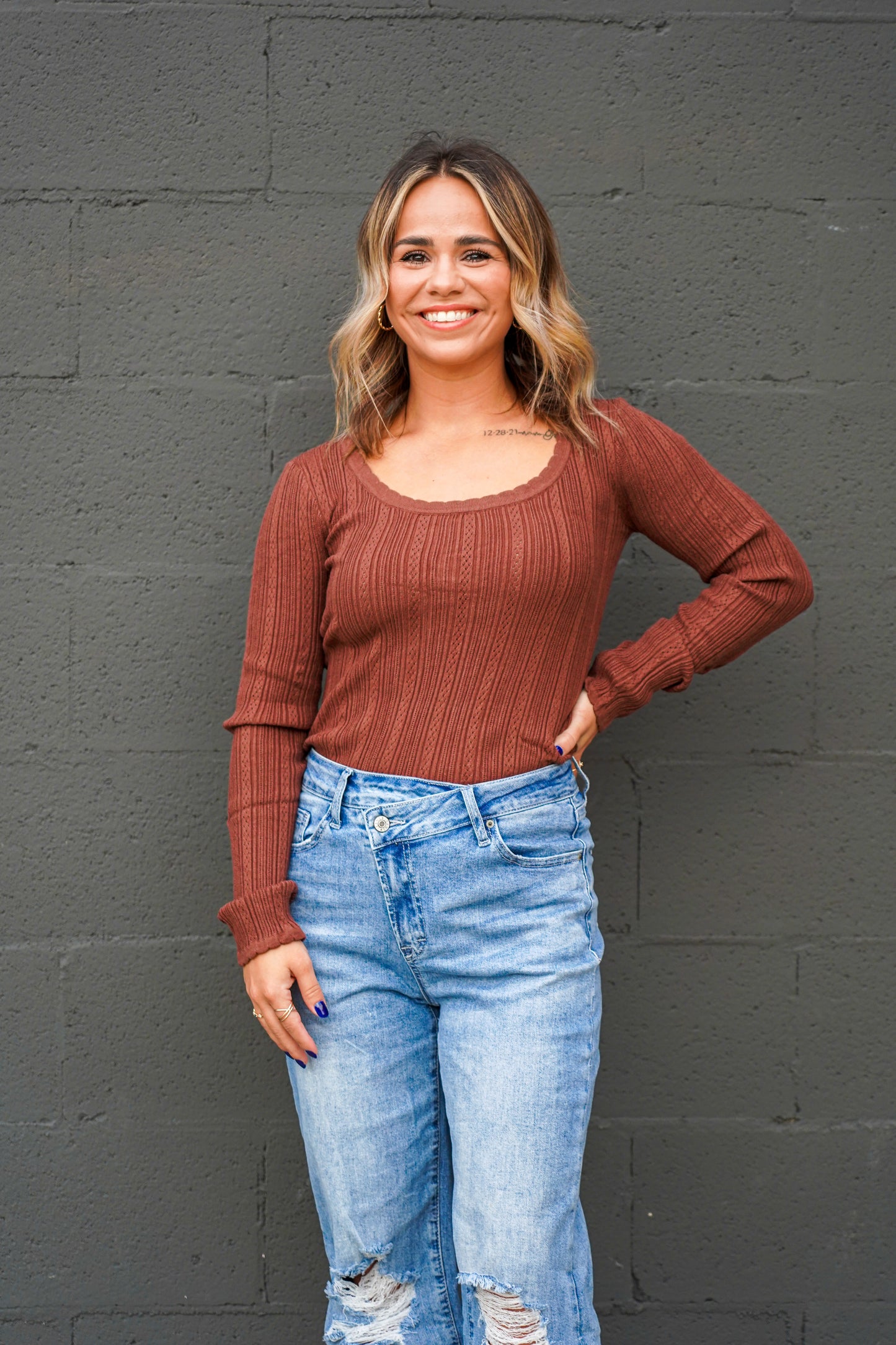 Coffee Rib Knit U Neck Long Sleeve Top