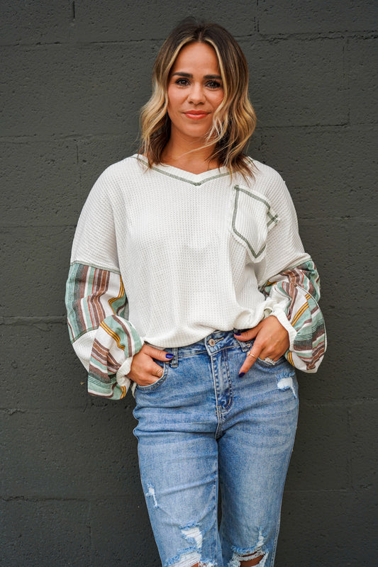 White Striped Patchwork Waffle Knit Top