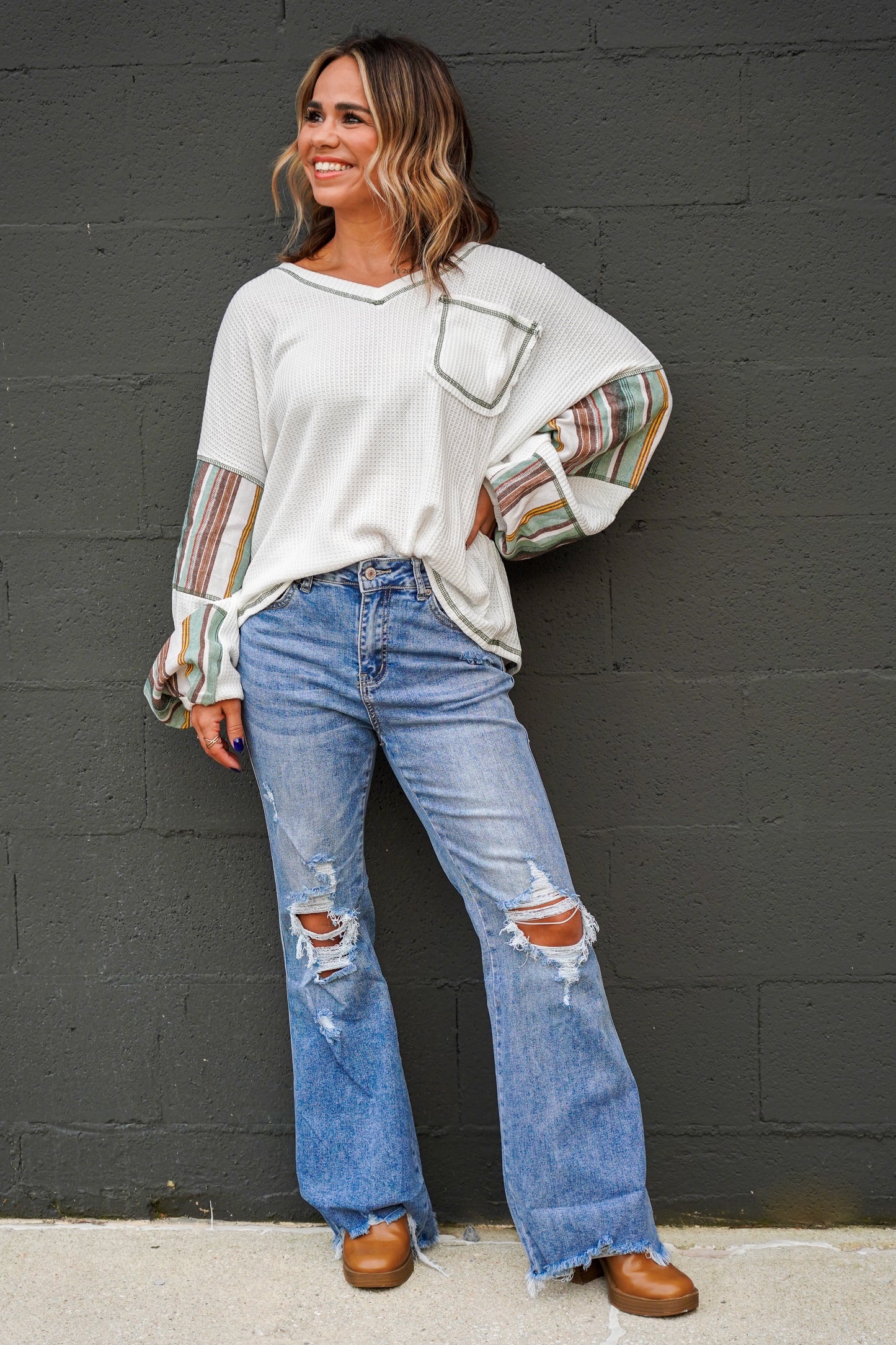 White Striped Patchwork Waffle Knit Top