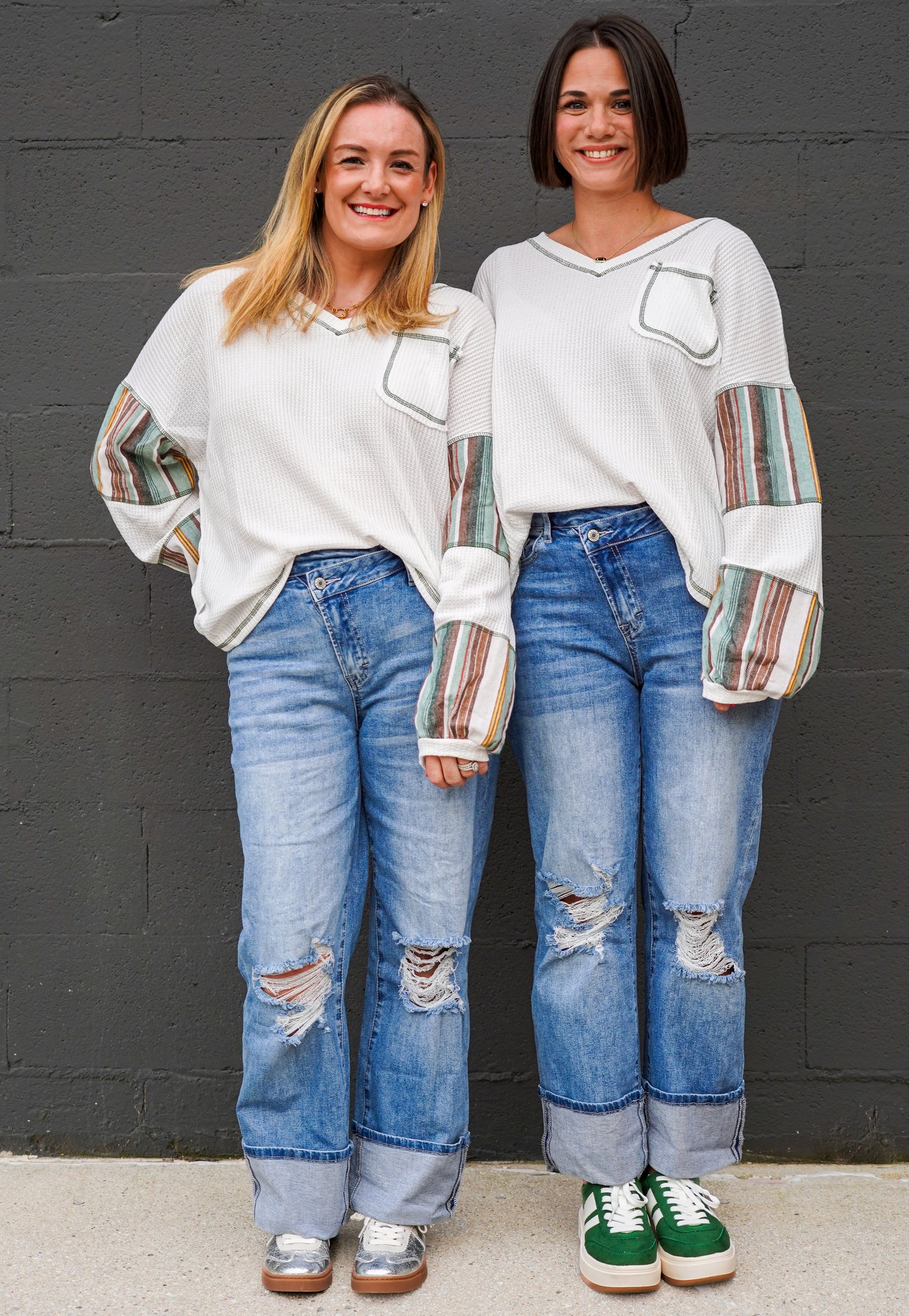 White Striped Patchwork Waffle Knit Top