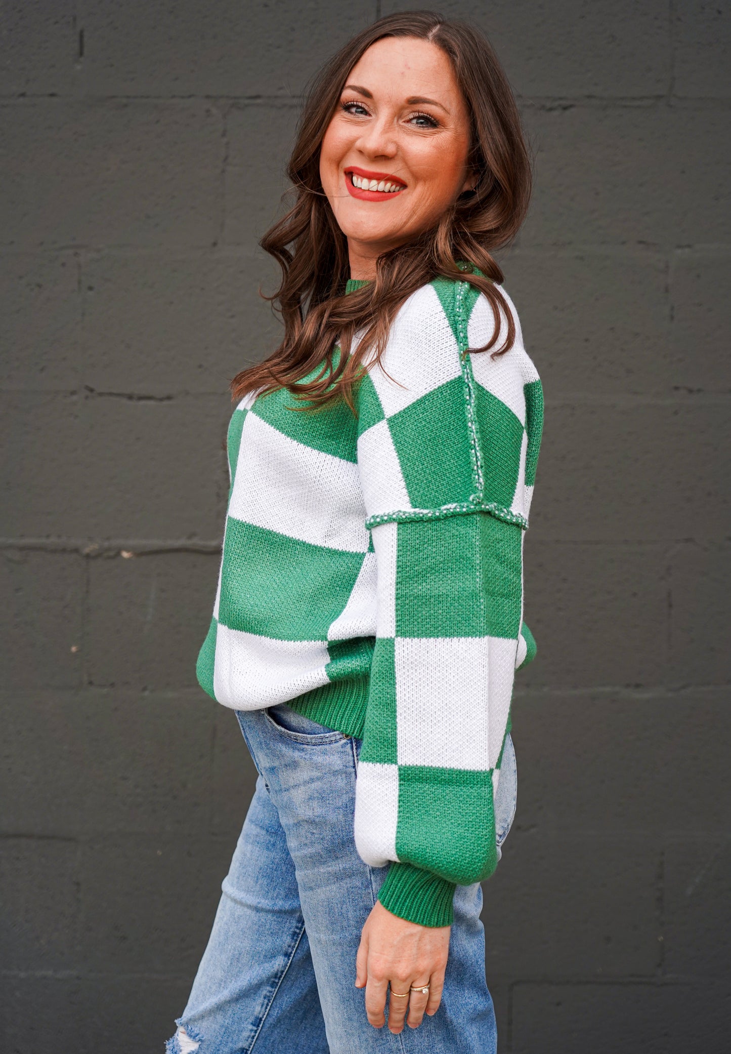 Green & White Checkered Sweater
