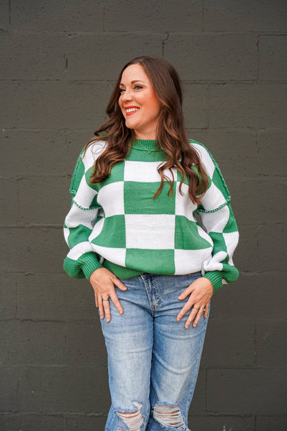 Green & White Checkered Sweater