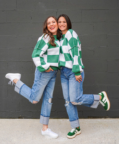 Green & White Checkered Sweater