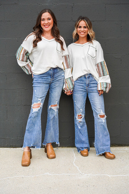 White Striped Patchwork Waffle Knit Top