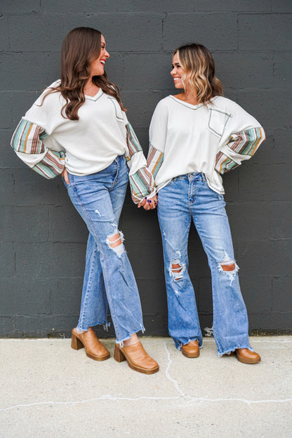 White Striped Patchwork Waffle Knit Top