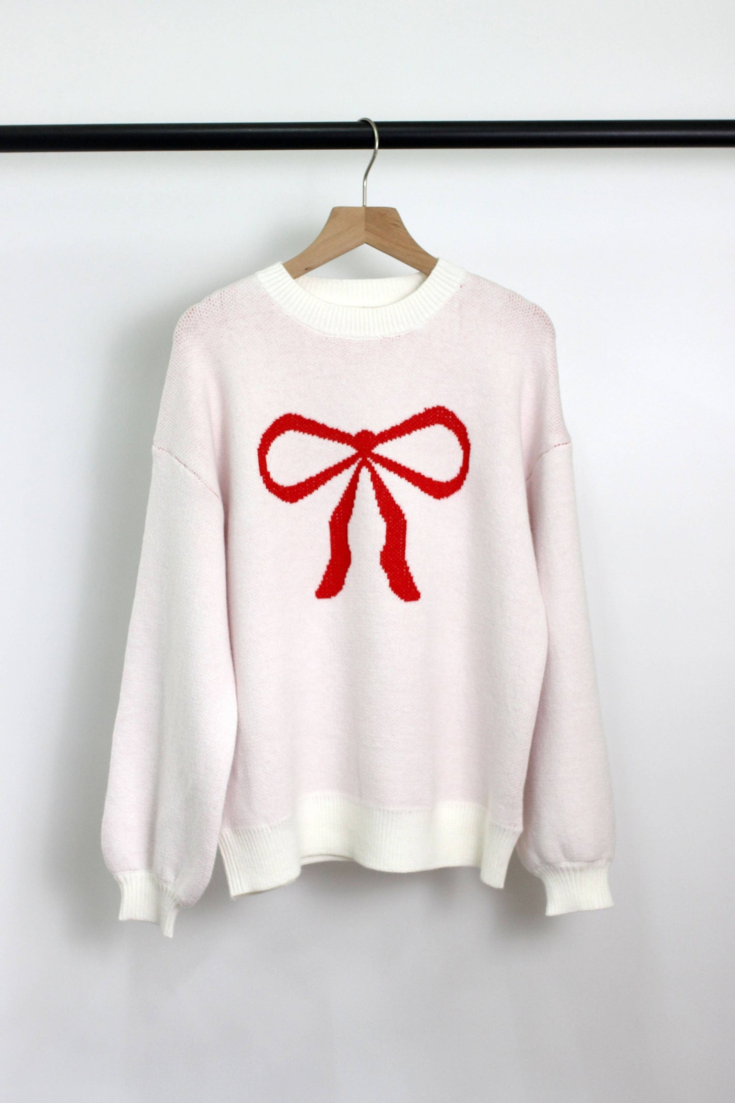White Bow Pattern Acrylic Sweater – Soft & Chic