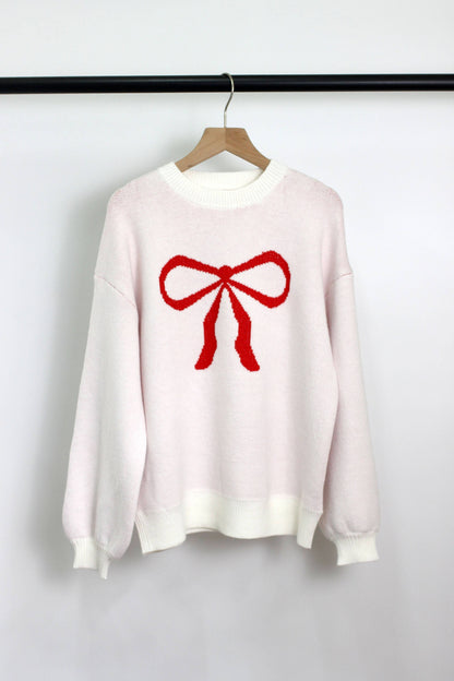 White Bow Pattern Acrylic Sweater – Soft & Chic